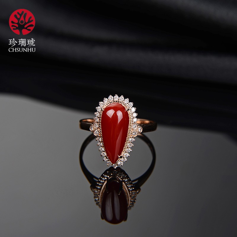 珍珊琥 红色珊瑚水滴戒指 玫瑰金镶嵌钻石百搭豪华珠宝