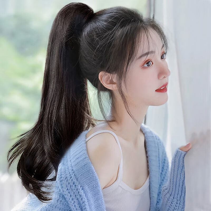 网红时尚减龄高马尾自然绑带马尾hxf 棕黑色 微卷马尾【35cm】抓夹款