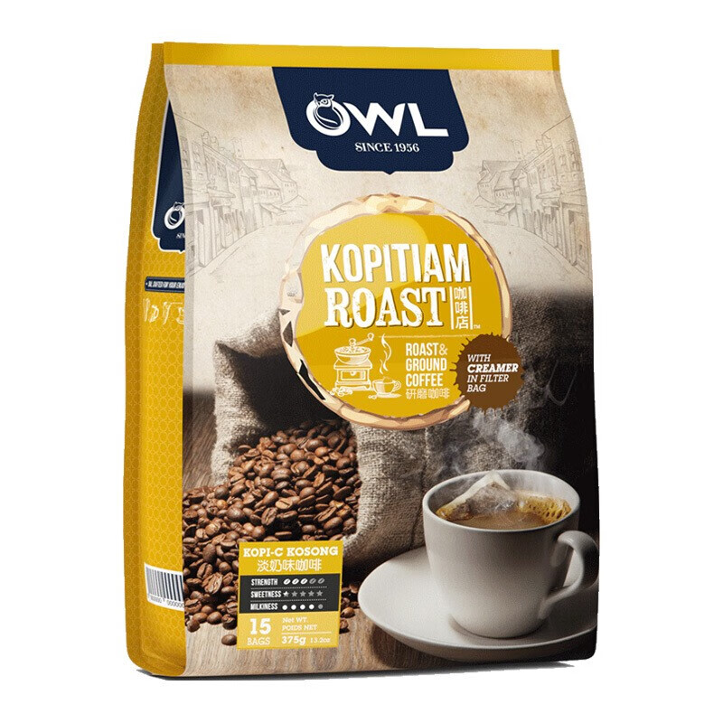 马来西亚进口 猫头鹰(OWL) 咖啡大师系列 阿拉比卡咖啡豆 研磨无蔗糖奶香二合一 袋泡随身装375g/20包
