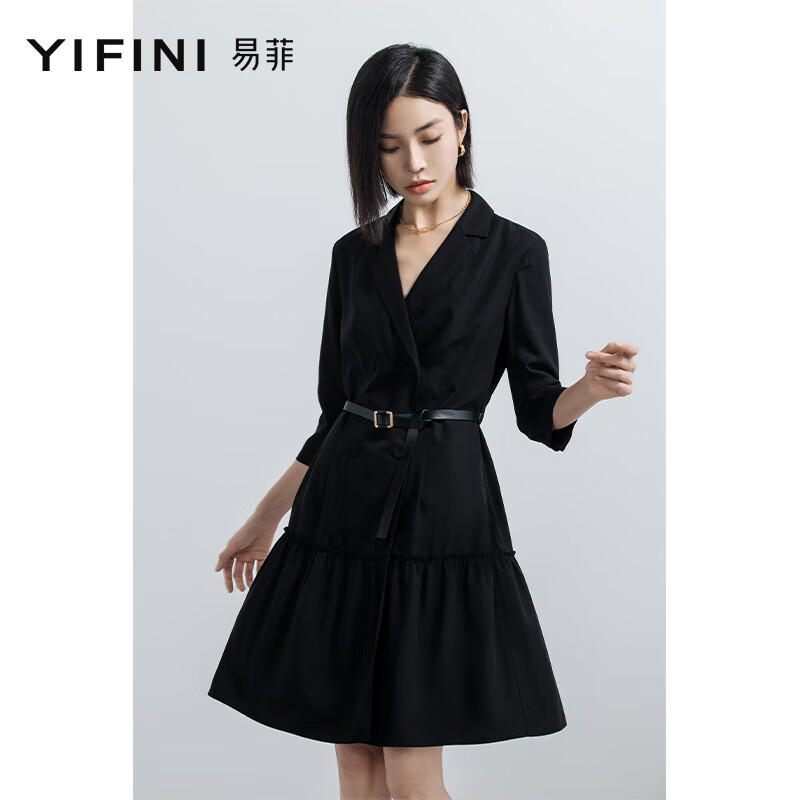 易菲(yifini)七分袖西装领连衣裙女春季新款黑色中长款西装裙2103y409