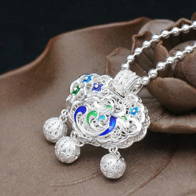 miflame 999景泰蓝长命锁吊坠手工拉丝项链毛衣链足银平安锁银饰礼物