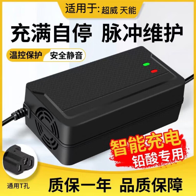 适用超威天能通用两轮三轮电动车电瓶车充电器48V60V72V96V20AH 充满自停款 48V12AH通用T孔