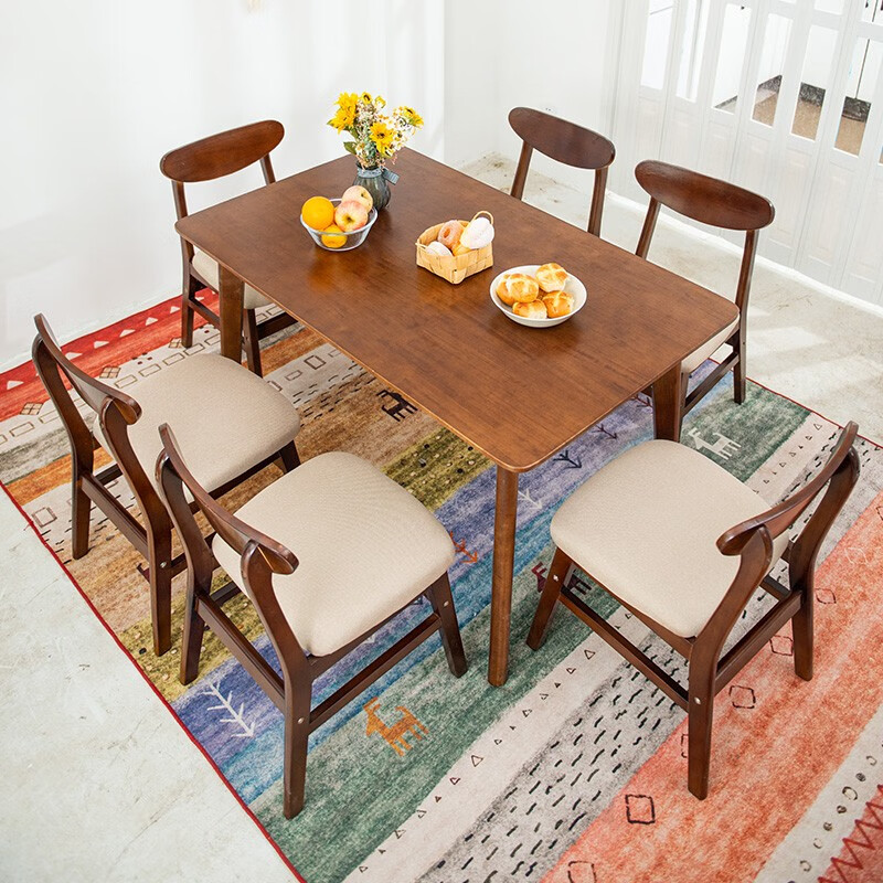 元优 纯实木餐桌椅北欧圆角橡胶木吃饭桌现代中式简约4人6人小户型餐厅家具 胡桃色桌长1.2米+四把椅子