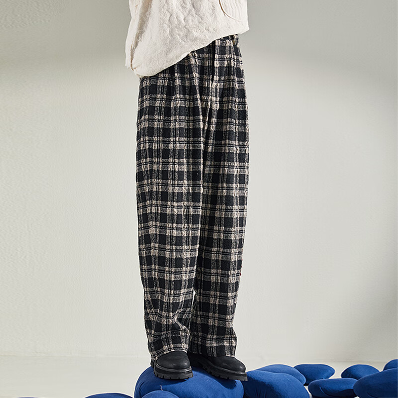 野无原创设计男装秋新款格子垂坠感宽松直筒高腰休闲裤子 影格 s