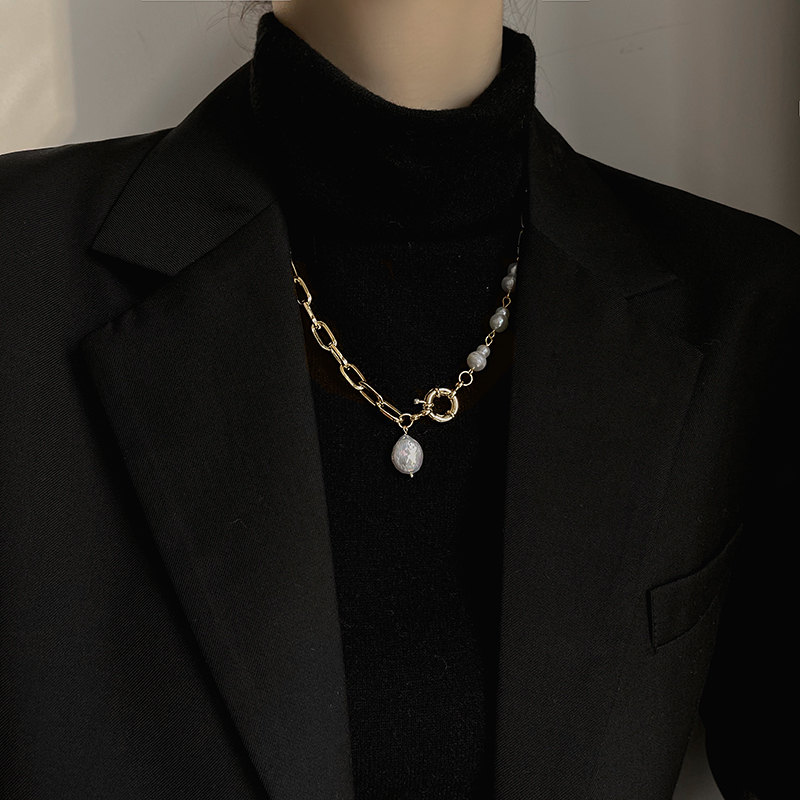 celekimo 简约淡水珍珠吊坠项链女轻奢小众卫衣毛衣链长款2021年 水