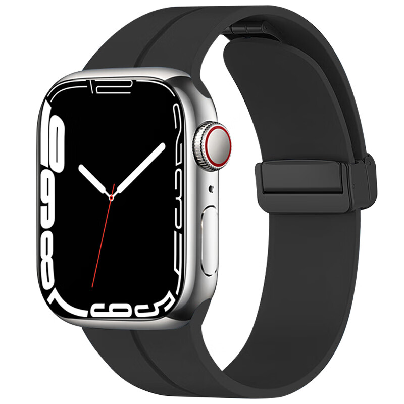 适用于Apple watch系列硅胶磁吸折叠扣表带可调节 硅胶磁吸折叠扣表带【黑色】 42/44/45/49MM 表盘通用