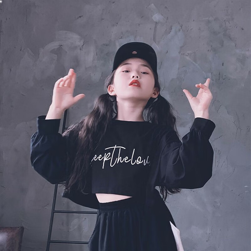 创京懿选露肚子小女孩衣服女童长袖春秋装中大童t恤高腰短款卫衣 黑色