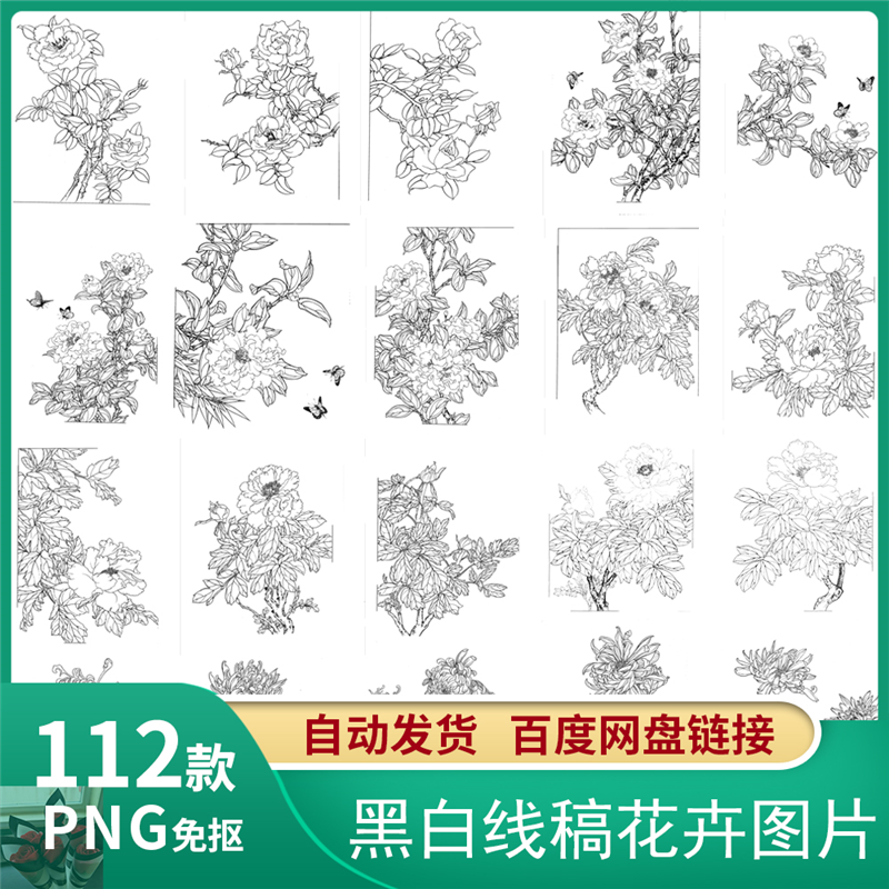 112款黑白线稿植物花卉装饰边框素描简笔画海报图案临摹设计素材 标准