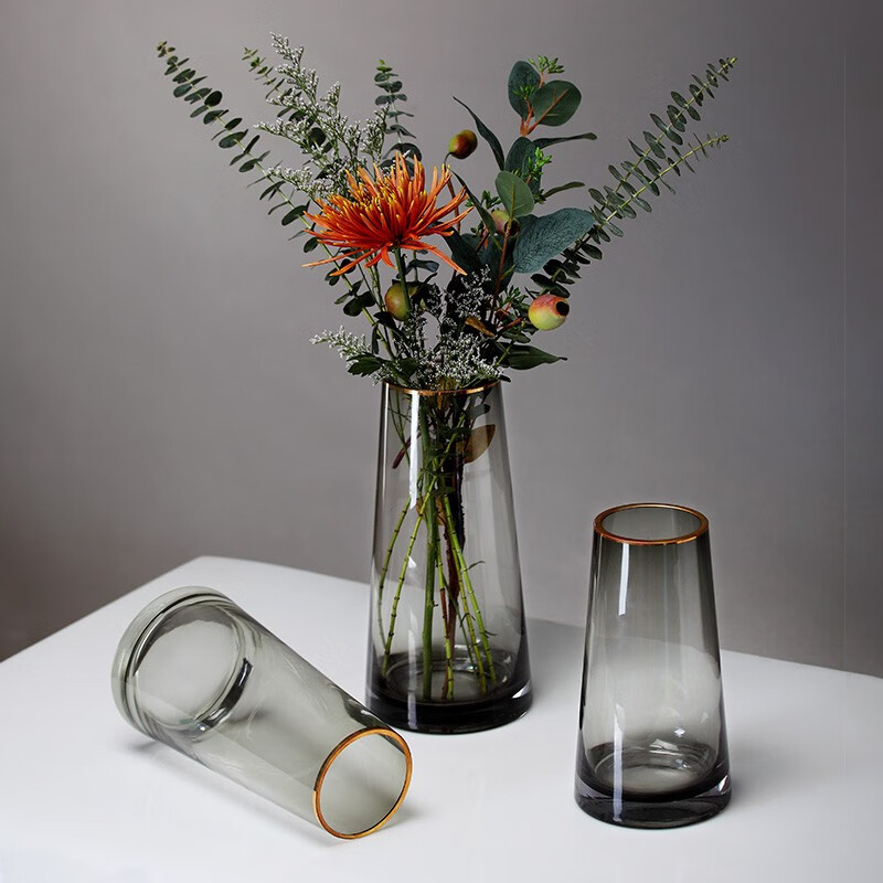 Foojo北欧风轻奢描金边玻璃花瓶摆件水培富贵竹玫瑰百合仿真花客厅桌面假花插花器高22cm描金烟灰色 虎窝购