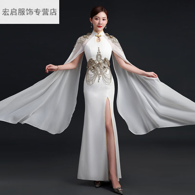 恬饰中国风年会晚礼服优雅长款鱼尾开叉走秀舞台演出服形体主持人礼服