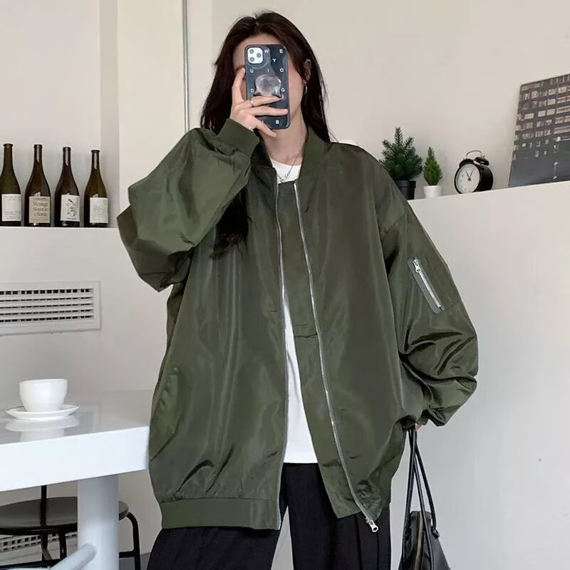 加肥2-300斤棒球服女复古宽松胖mm春秋季薄款夹克外套上衣i 墨绿色 ll