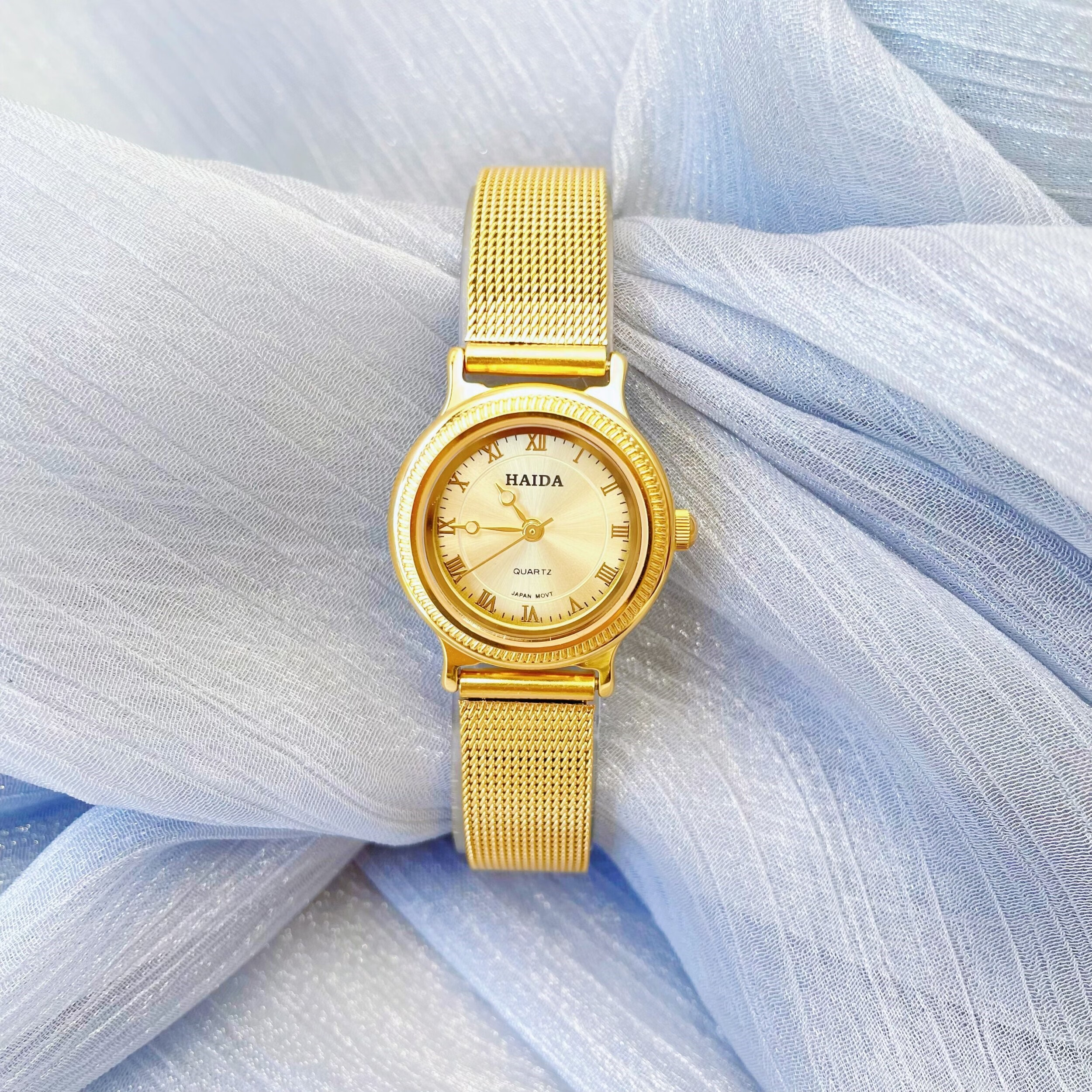 wlisth手表上海产海达小众轻奢文艺复古罗马刻度圆形花针石英表 金色