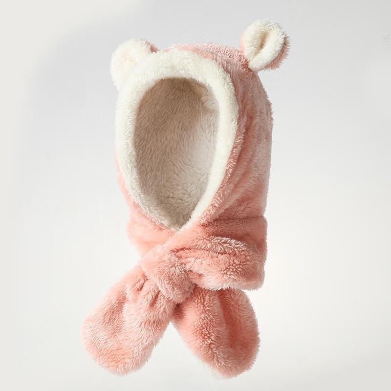 婴儿帽子秋冬季男童女儿童宝宝可爱超萌婴幼儿保暖护耳帽围巾一体 粉红色熊耳朵 S码(44-50CM约3个月-2岁)