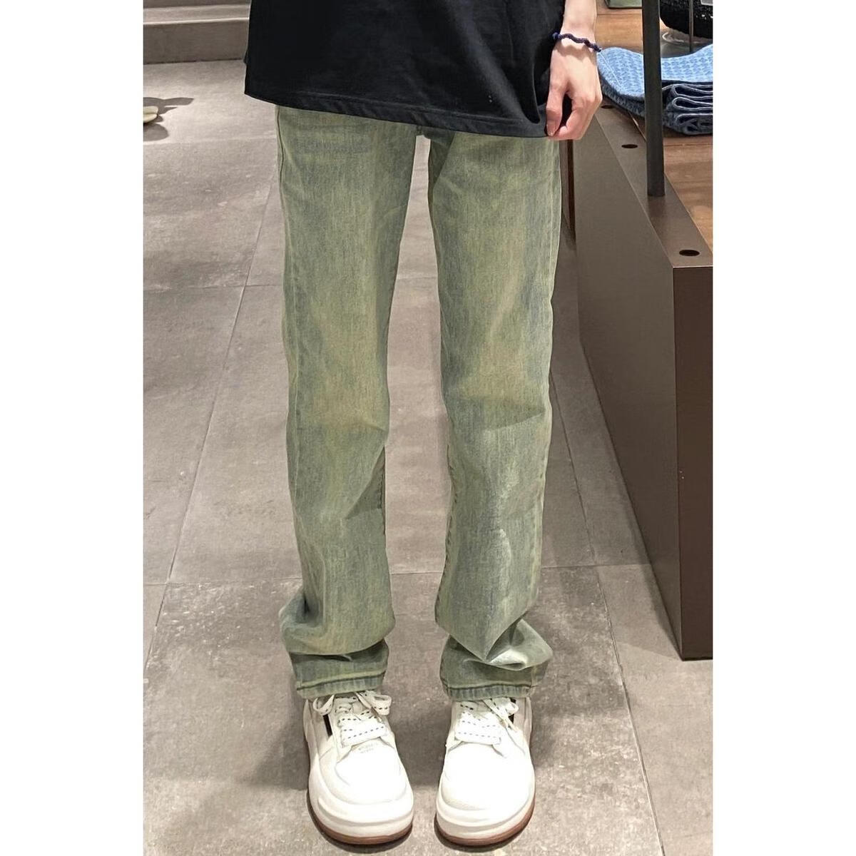 邦伊芙黄泥色牛仔裤女美式街头复古染色做旧休闲裤拖地垂感直筒裤潮