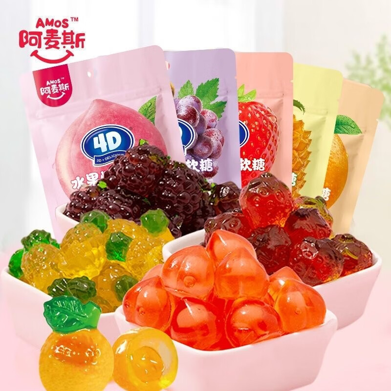 阿麦斯（amos）4d爆浆爆汁水果果汁果味软糖橡皮糖QQ糖创意网红小吃休闲办公零食 5种口味各1袋