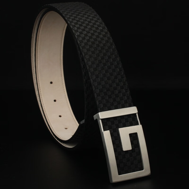 g字母钢扣男士皮带米格纹酷奇真皮腰带年轻人平滑内扣休闲裤带男 黑色