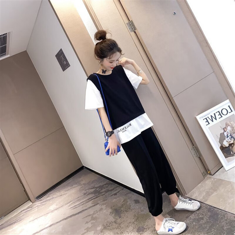 套装女夏季新款胖mm洋气减龄宽松时髦休闲两件套 黑色 xl 140斤-170斤