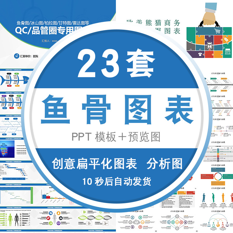 qc品管圈鱼骨图ppt模板医疗医院创意扁平化图表分析图表格图形wps
