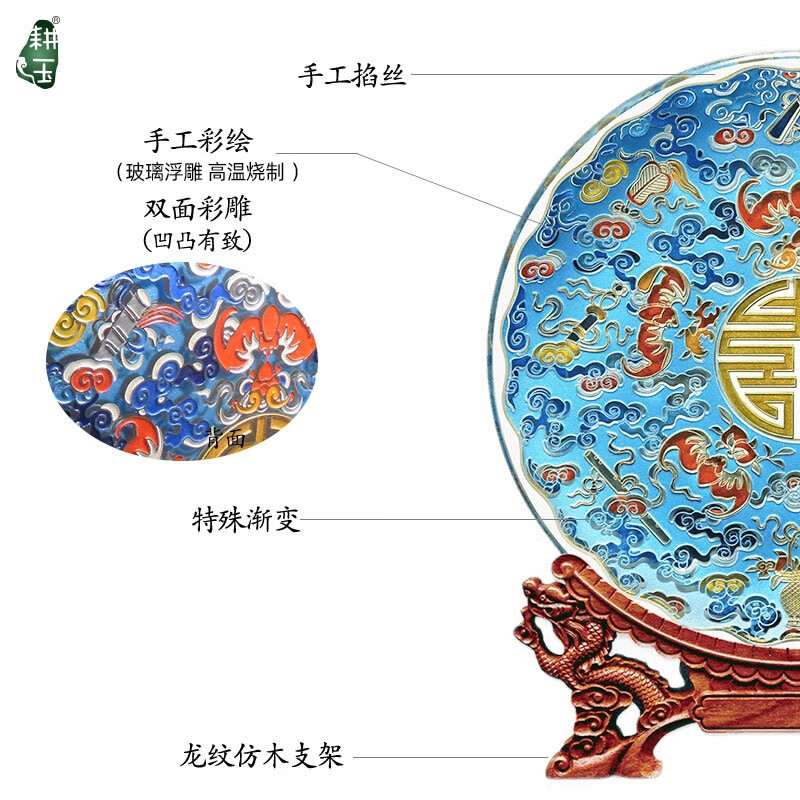 耕玉  乔迁礼物祝寿老人生日五福临门福寿双全摆件桌面高级轻奢雅琅晶 五福临门福寿康宁盘25cm掐丝金蓝