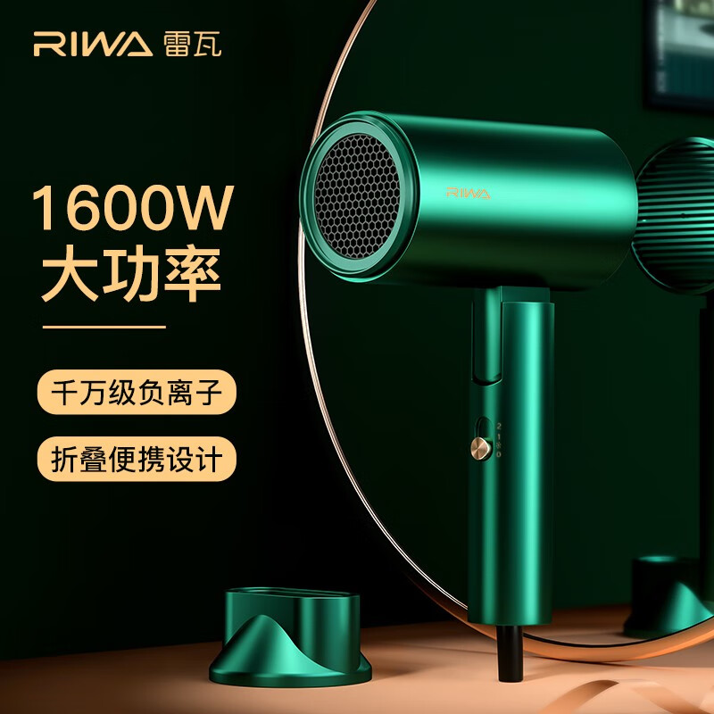 雷瓦RIWA【次日达】电吹风机家用风筒可折叠大功率电风吹冷热风高速负离子水润吹发恒温速干造型 可折叠1600W大功率