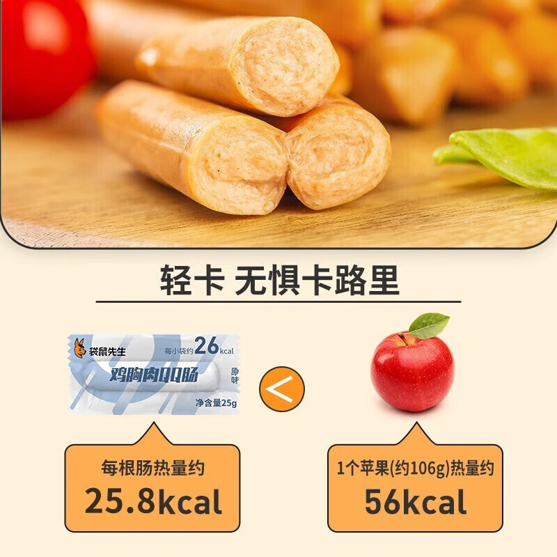 袋鼠先生鸡胸肉肠即食高蛋白低不添加淀粉代餐火腿肠脂肉干肉脯休闲零食 鸡胸肉肠 25g*24袋