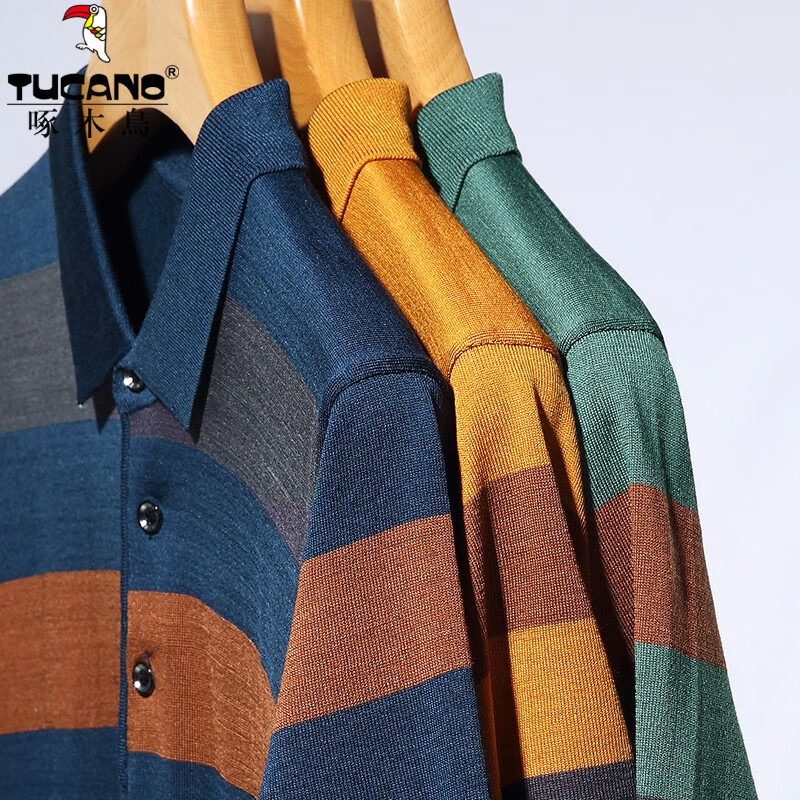 啄木鸟（TUCANO）针织短袖t恤男条纹Polo领体恤衫夏季中青年宽松薄款爸爸装男上衣 819黄色 190/4XL推荐180-200斤穿