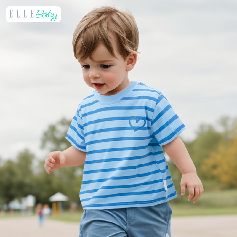 ELLE BABY儿童T恤条纹棉透气幼中大童夏装T恤短袖上衣 蓝色条纹 125码