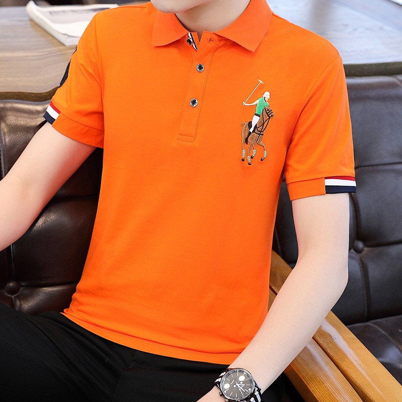 短袖t恤男纯棉夏季韩版polo保罗衫男翻领潮宽松半袖商务休闲上衣 橙色