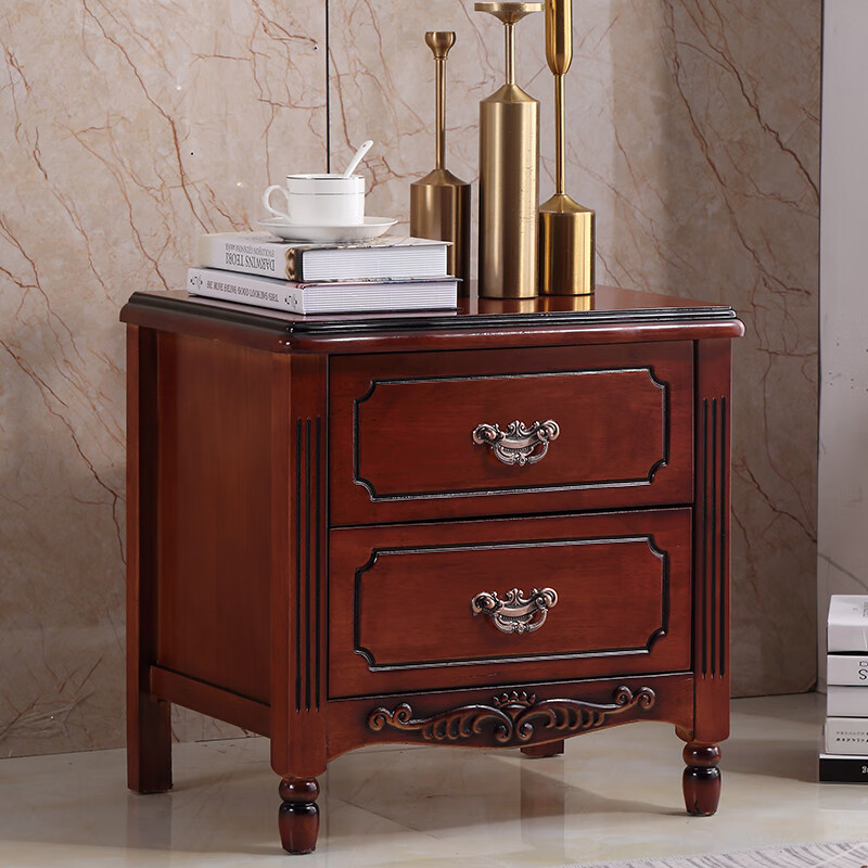 简约现代床头柜实木美式原木胡桃色卧室床边收纳储物柜整装 富贵红