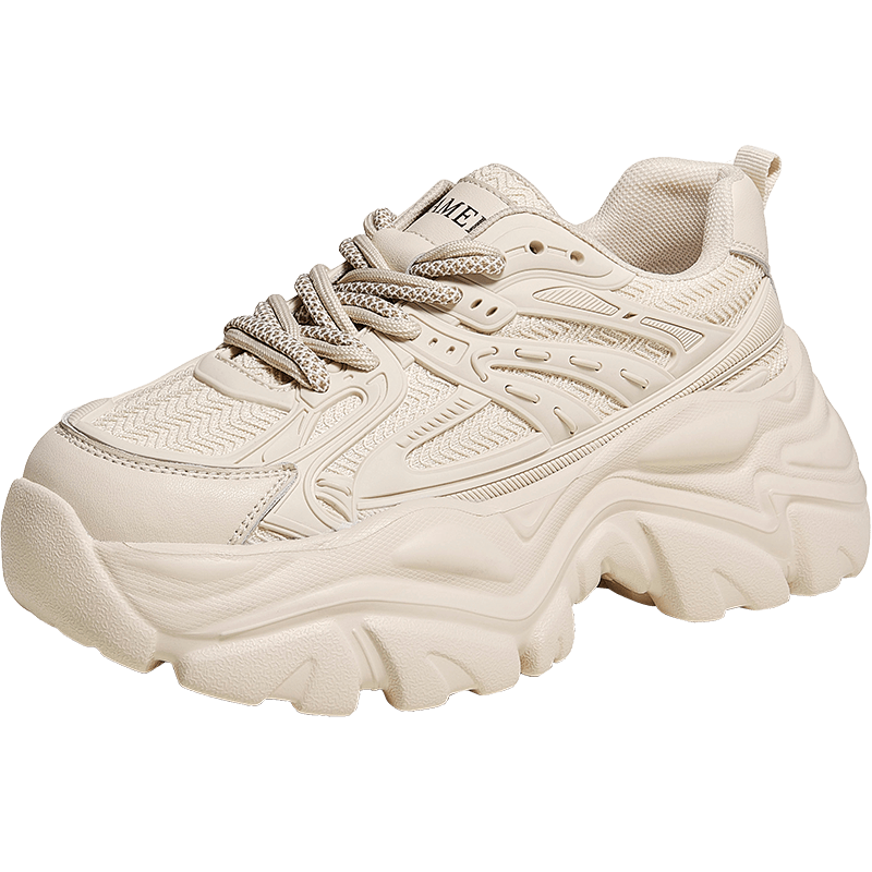 骆驼（CAMEL）老爹鞋女网布皮面拼接秋双系带厚底休闲鞋 L24S283079 杏色 37