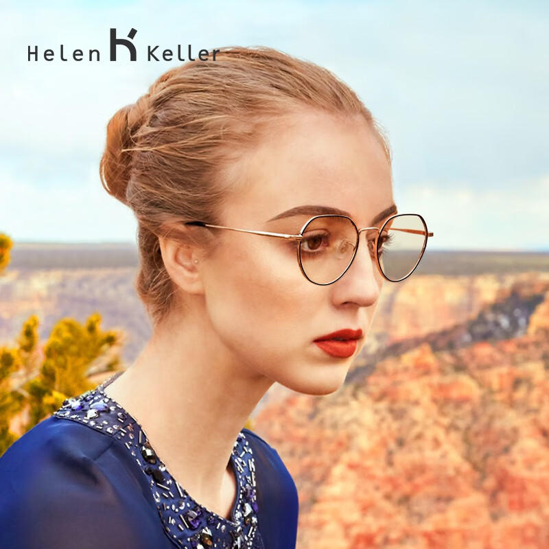 海伦凯勒防蓝光眼镜男女款 平光手机电脑护目镜 时尚金属圆框眼镜框架 H23041C1/8黑面金色框（防蓝光）