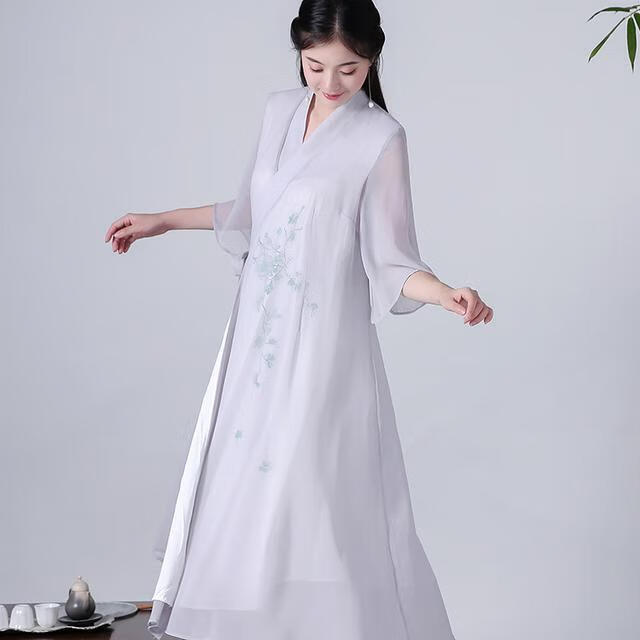 歆栩佛系茶服女禪服女中式漢服禪修服中國(guó)風(fēng)春秋裝復(fù)古禪衣茶藝師服裝 灰色僅單裙 S