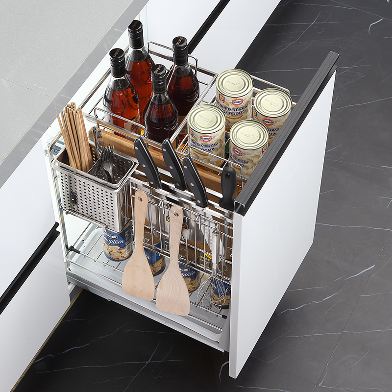 勉茂 浅居橱柜调味拉篮304不锈钢厨房厨柜调料拉篮抽屉式调味篮拉蓝