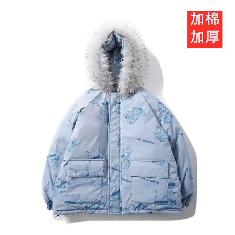 毛领棉服皮卡丘印花工装宽松棉衣女连帽外套 [蓝色皮卡棉衣]加棉加厚