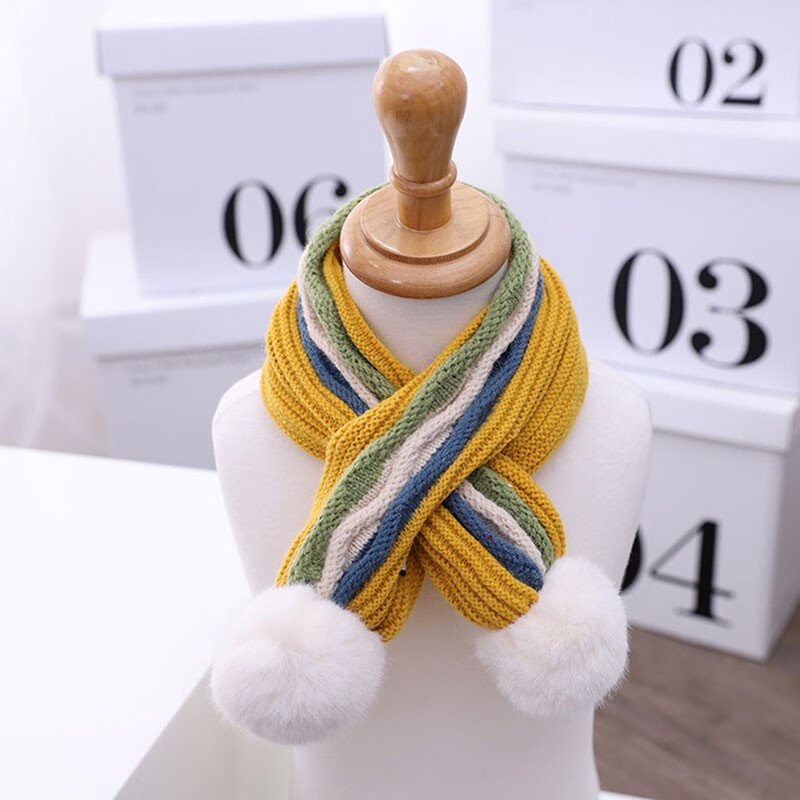 童宝宝毛线围巾毛球围脖 彩条纹 黄色 长度约65cm  均码 约2-8岁宝宝