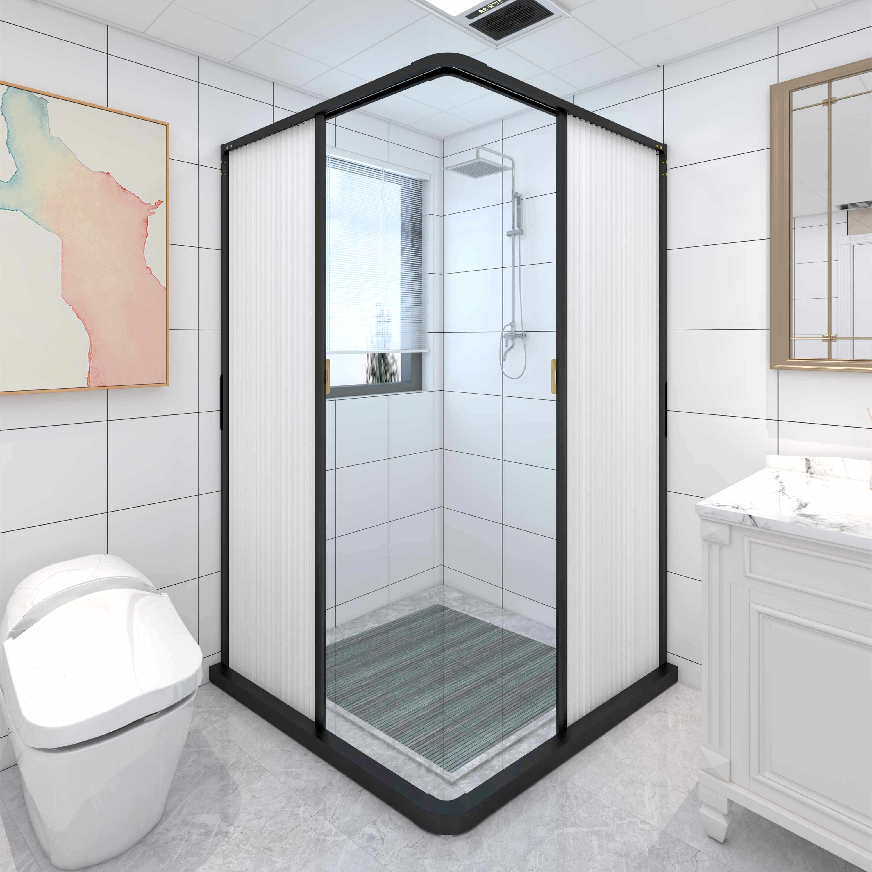 弧形淋浴房隐形浴帘转角浴室洗澡隔断免打孔干湿分离防水防霉磁吸