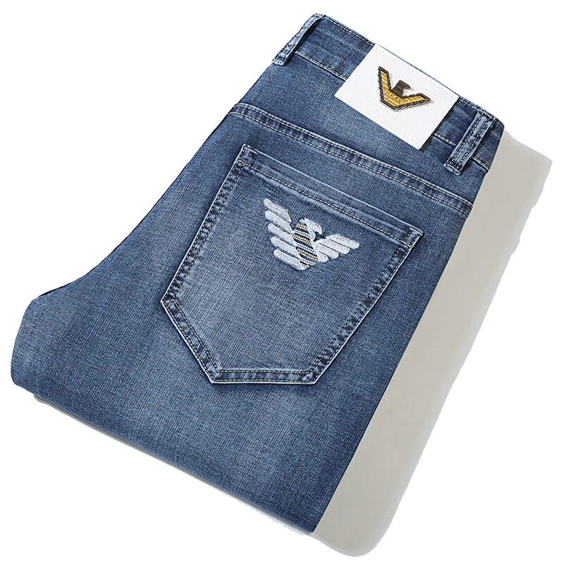 aj armani jeans大品牌夏季薄款牛仔裤男水洗浅蓝色商务休闲直筒长