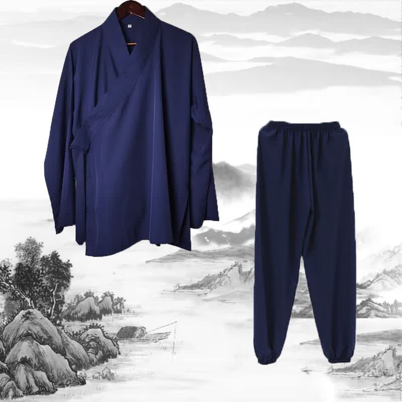 FENGEDUN武当道袍男长袍道士服装道教法衣天师道家用品女服短袍服褂 藏青色短袍+藏青裤子 XL怎么看?