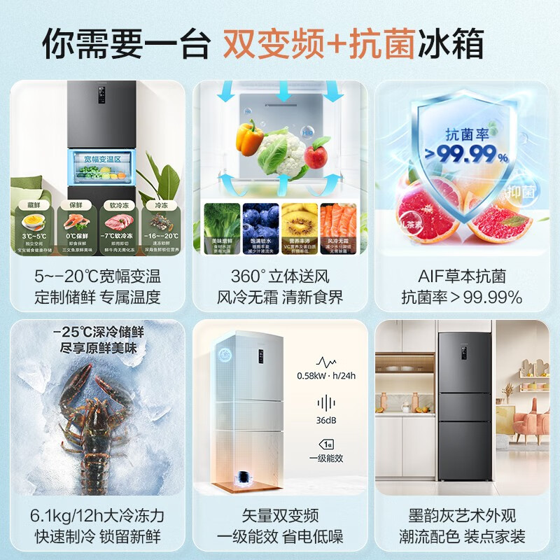 容声(Ronshen)252升一级能效双变频风冷无霜变频宽幅变温小户型家用租房三门冰箱以旧换新BCD-252WD18NP