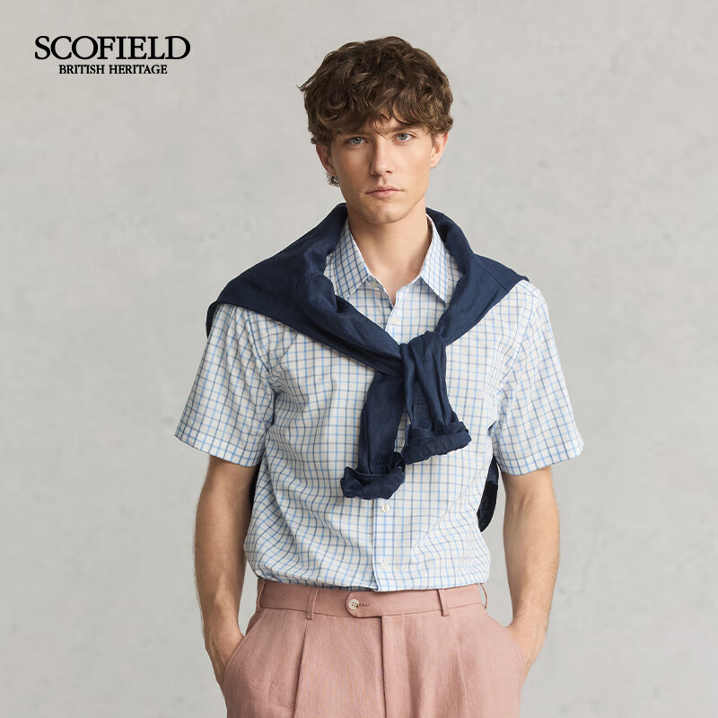 Scofield男士25夏季新品舒适纯棉时尚通勤清新小格子短袖衬衫 蓝色 M (170)