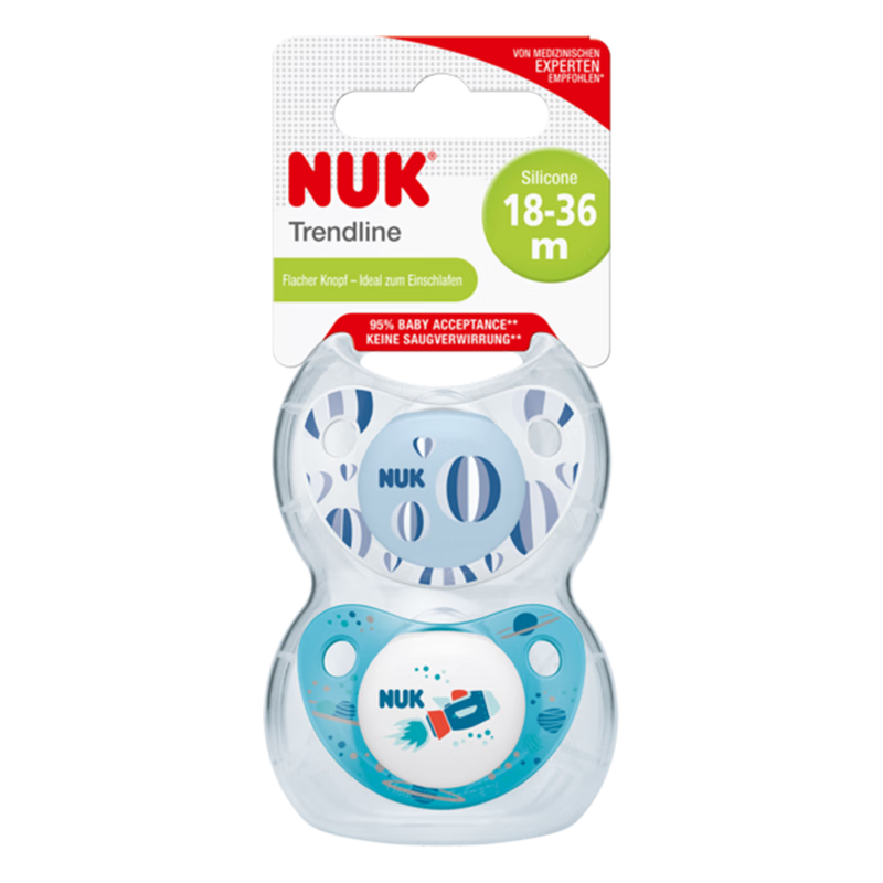 NUK安撫奶嘴新生兒寶寶安睡型硅膠自然實(shí)感奶嘴嬰兒哄睡神器 2只裝 時(shí)尚款-藍色 0-18個(gè)月 2支裝 6-18個(gè)月