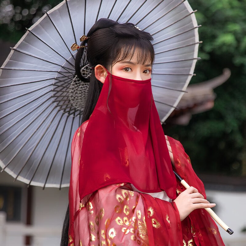 防晒面罩女夏天遮脸面巾防晒轻薄透气面纱古风温柔护脸系带款 酒红色