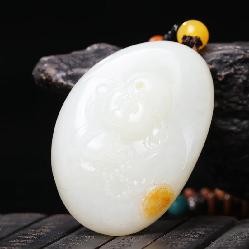 珍藏款厚装 和田玉白玉 圆润细白 有福相伴 弥勒笑佛 吊坠挂件 62.