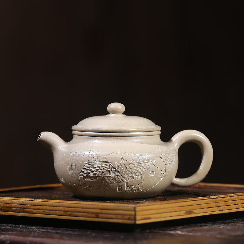 仙袋 宜兴紫砂壶原矿白玉段仿古壶名师全手工刻绘功夫茶具茶壶 玉段