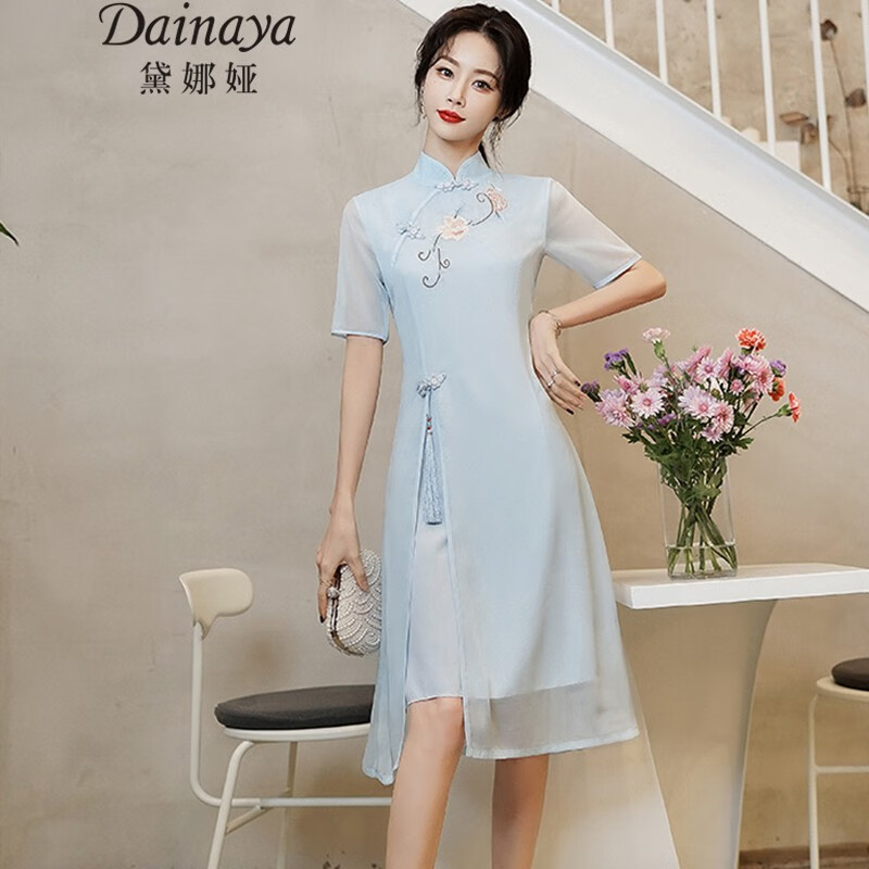 黛娜娅(Dainaya) 旗袍女2023春夏新款大码女装中国风日常改良复古汉服连衣裙 3129 浅蓝色 M怎么看?