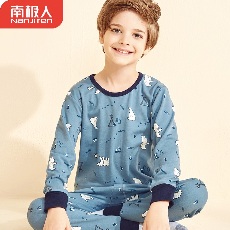 南极人儿童保暖内衣套装男女童纯棉春秋睡衣学生圆领秋衣秋裤内衣棉毛套 深蓝北极熊 160怎么看?