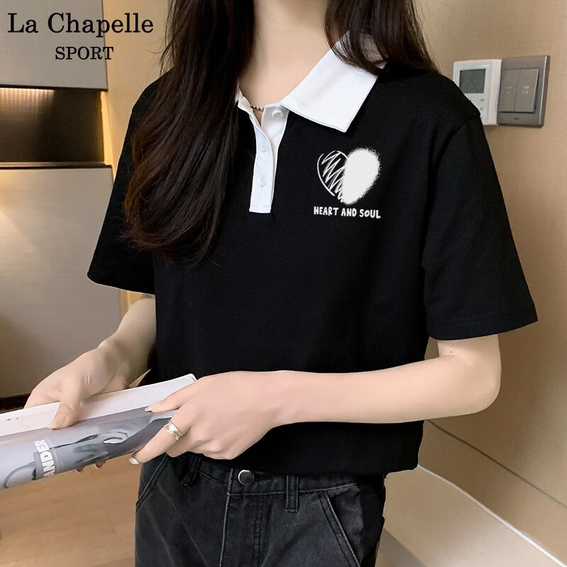 短袖t恤女夏季潮流ins休闲百搭简约风polo领上衣 黑色(唯一心胸标) l