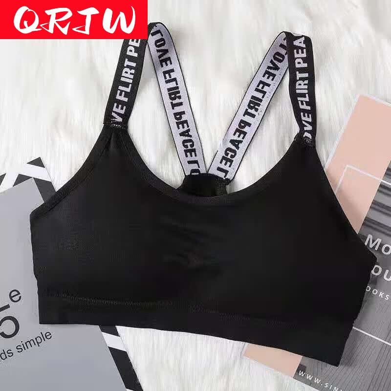 qrjw运动美背内衣无钢圈字母吊带女学生少女育期睡眠舒适文胸 经典黑