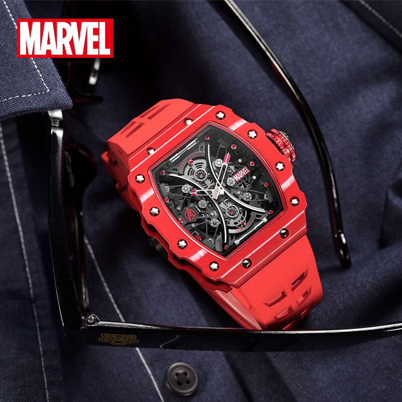 漫威（MARVEL）联名瑞士风格全自动机械手表钢铁侠男士碳纤维机械表 氟橡胶带红色