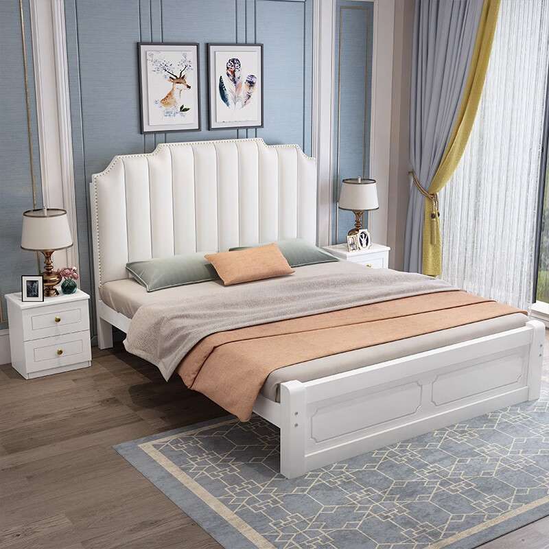 帆成家私 床 实木床 双人床1.8米主卧室家具婚床美式轻奢储物床1.5/1.2米单人床 白色床-不带抽屉 宽1.5米*长2米